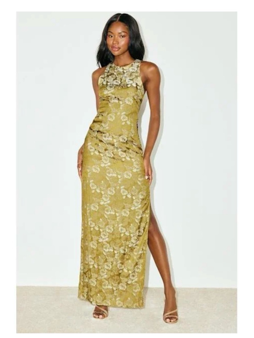 Lulus Lamila Chartreuse Floral Satin Column Maxi Dress Size Large